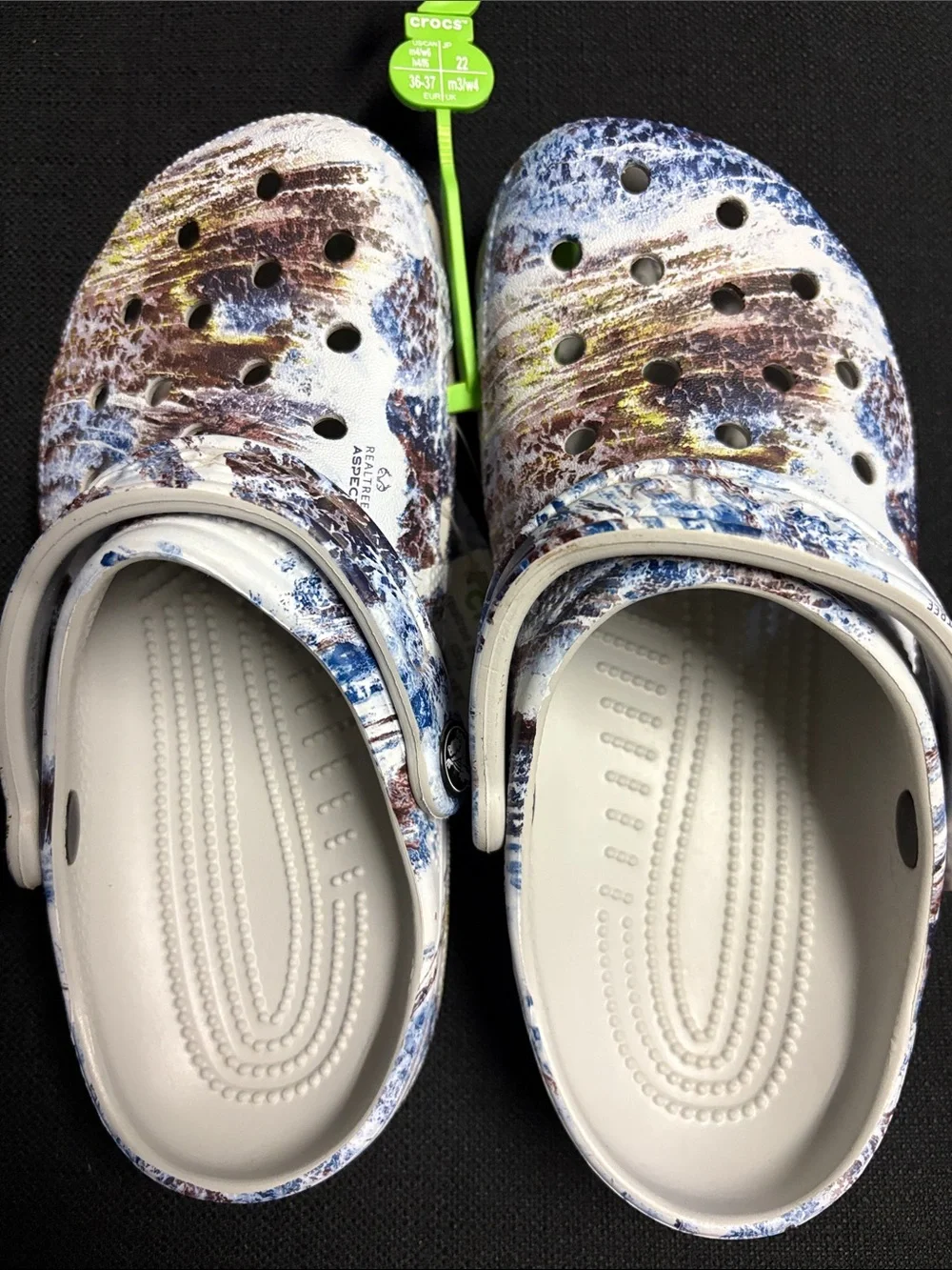 CROCS Kids' Classic Clog in White with Blue & Brown Splatter